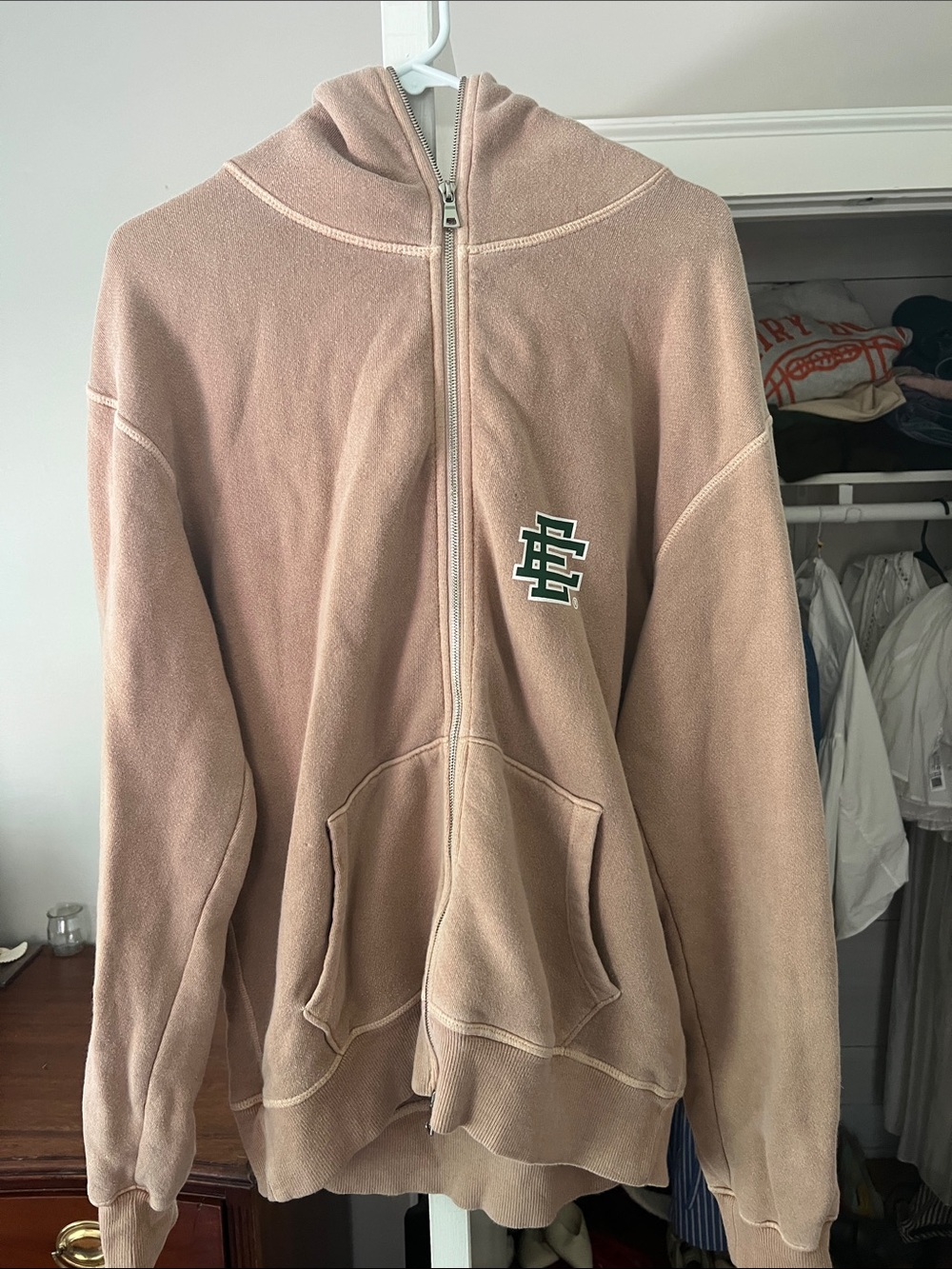 Eric Emanuel Full Zip Hoodie Washed Pink with Green Logo